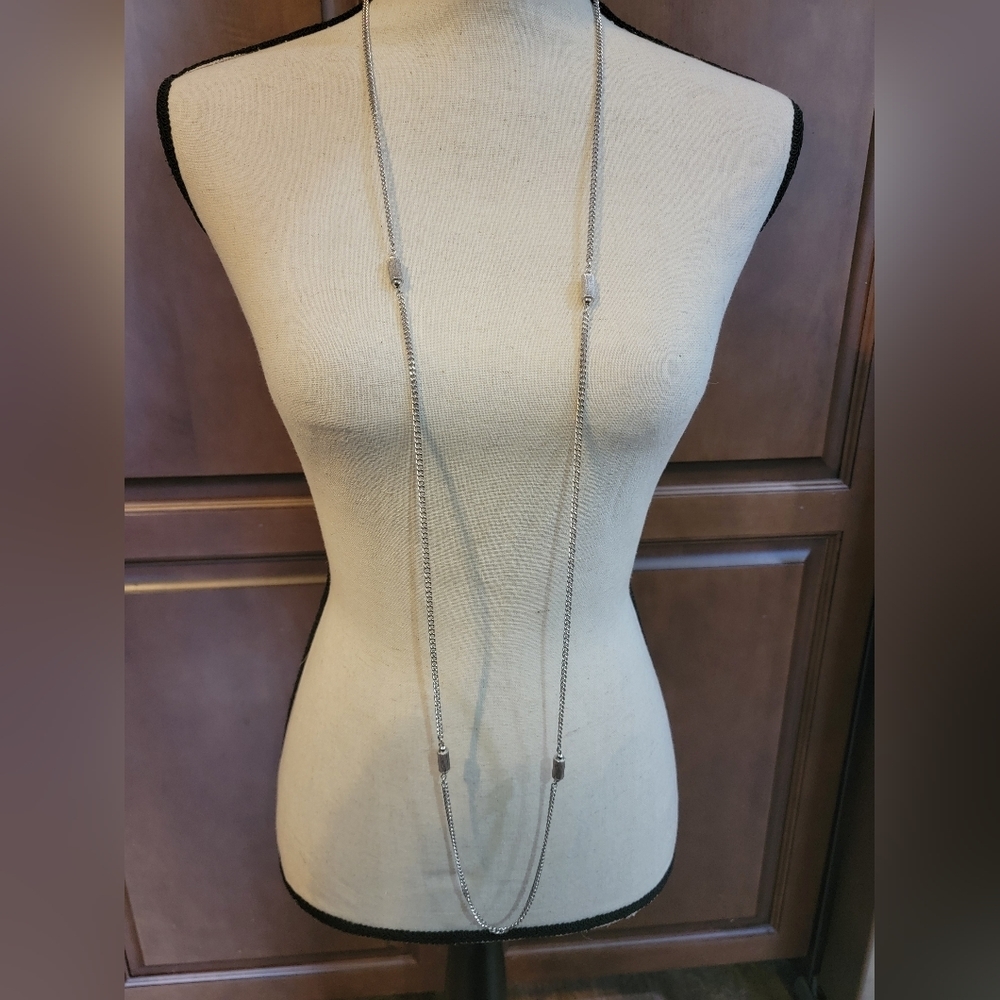 Vintage Monet Silver Tone 54” Long Station Chain Necklace Signed